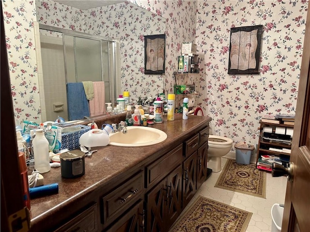 115 Cannongate Cir, Sharpsburg, GA 30277 - full bath with wallpapered walls, tile patterned flooring, vanity, and a shower stall