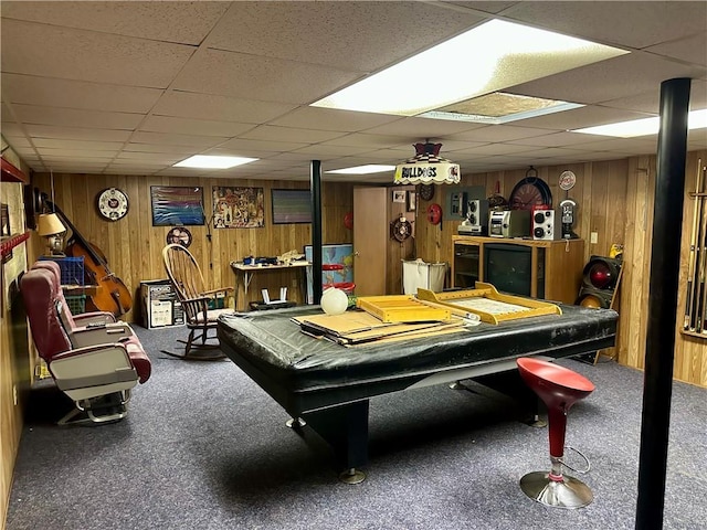 115 Cannongate Cir, Sharpsburg, GA 30277 - playroom featuring wooden walls, carpet, billiards, and a paneled ceiling