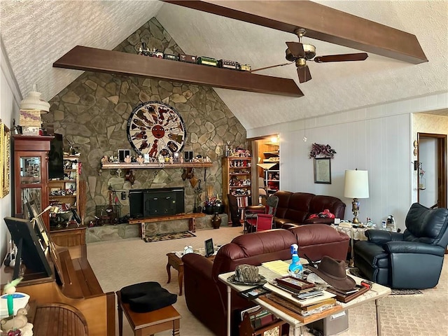 115 Cannongate Cir, Sharpsburg, GA 30277 - carpeted living area featuring ceiling fan, a stone fireplace, and a textured ceiling