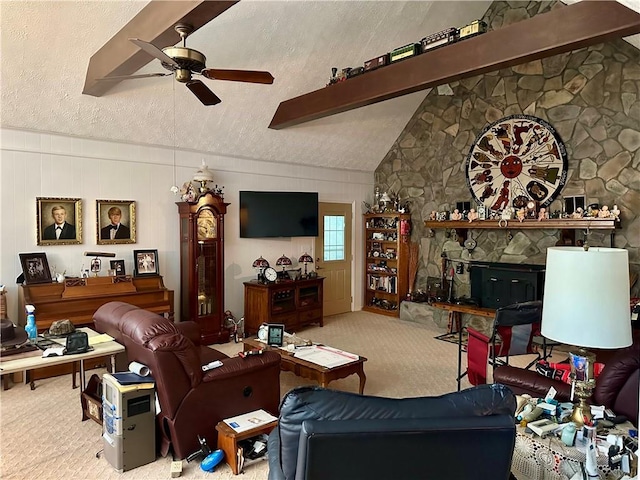 115 Cannongate Cir, Sharpsburg, GA 30277 - living area featuring carpet flooring, a ceiling fan, vaulted ceiling, and a textured ceiling