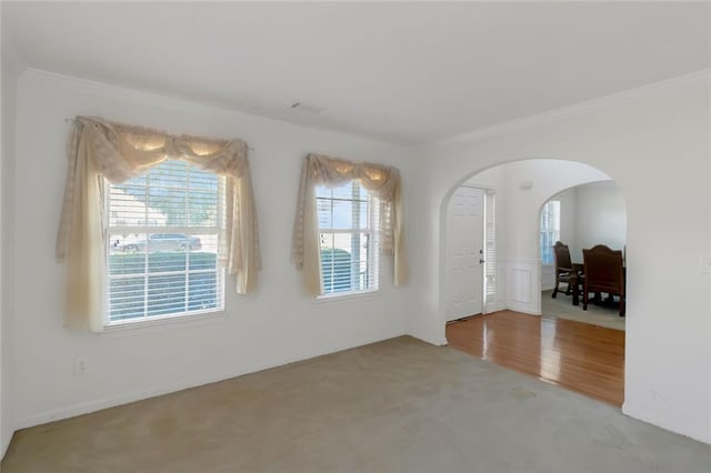 11354 Conner Ct, Hampton, GA 30228 - spare room with arched walkways, crown molding, plenty of natural light, and carpet flooring