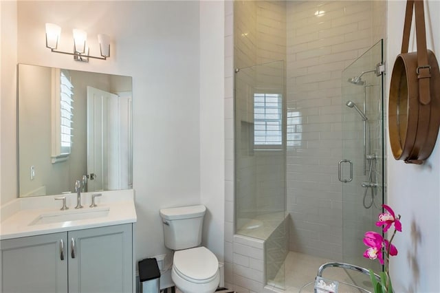 full bathroom with vanity, toilet, and a shower stall