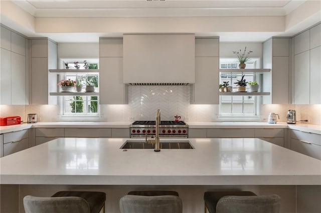 kitchen featuring a sink, open shelves, gray cabinetry, and modern cabinets