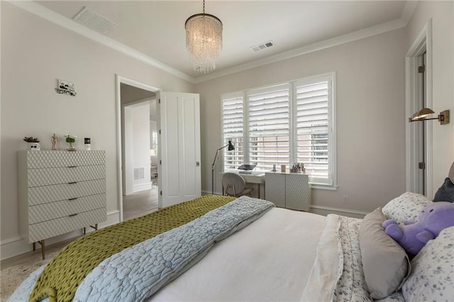 bedroom featuring baseboards, ornamental molding, and visible vents