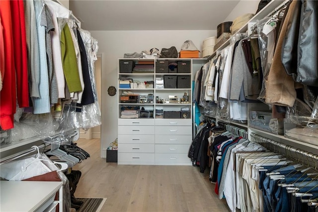 walk in closet with wood finished floors