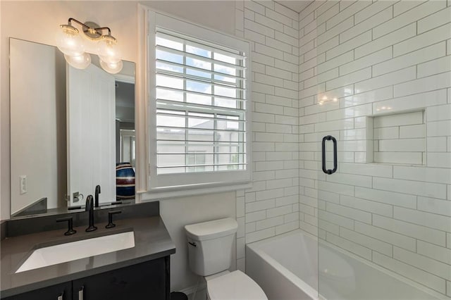 full bath featuring toilet, shower / tub combination, and vanity