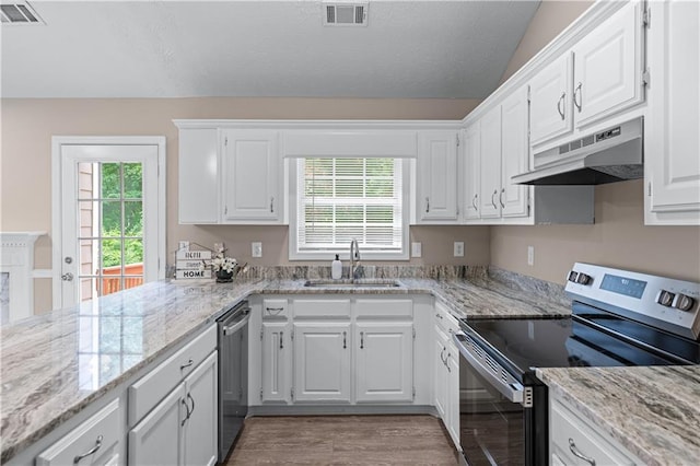 356 Chardonnay Trce, Braselton, GA 30517 - kitchen featuring appliances with stainless steel finishes, under cabinet range hood, white cabinets, light stone counters, and light wood-style flooring