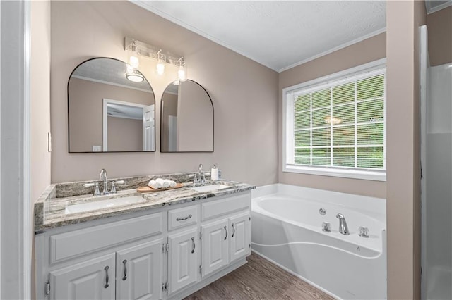 356 Chardonnay Trce, Braselton, GA 30517 - bathroom featuring crown molding, double vanity, a garden tub, wood finished floors, and a textured ceiling
