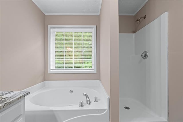 356 Chardonnay Trce, Braselton, GA 30517 - bathroom featuring a garden tub, a shower, vanity, ornamental molding, and a textured ceiling