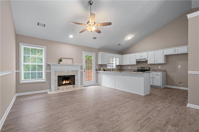 356 Chardonnay Trce, Braselton, GA 30517 - kitchen featuring ceiling fan, white cabinets, under cabinet range hood, plenty of natural light, and lofted ceiling