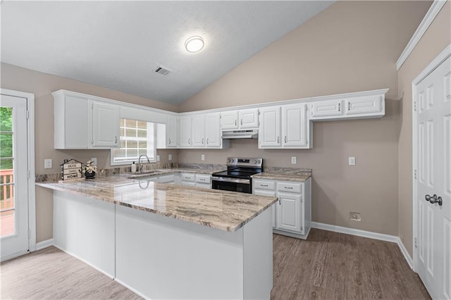 356 Chardonnay Trce, Braselton, GA 30517 - kitchen featuring electric range, a peninsula, under cabinet range hood, white cabinets, and light wood finished floors