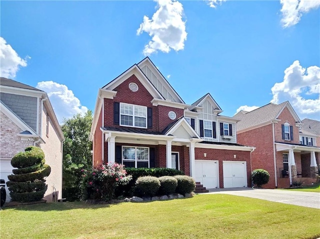 view of front of home featuring concrete driveway, brick siding, a garage, board and batten siding, and a front yard