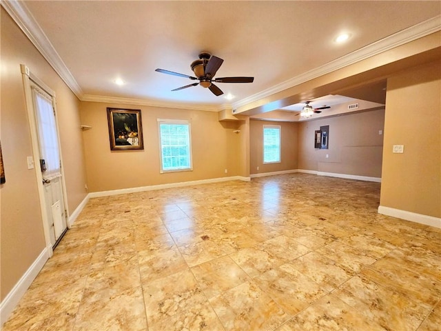 unfurnished room featuring visible vents, baseboards, recessed lighting, a ceiling fan, and ornamental molding