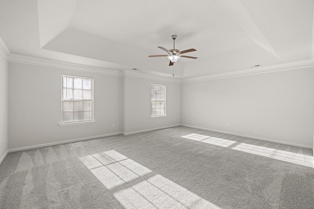 spare room featuring baseboards, a raised ceiling, carpet, and ornamental molding