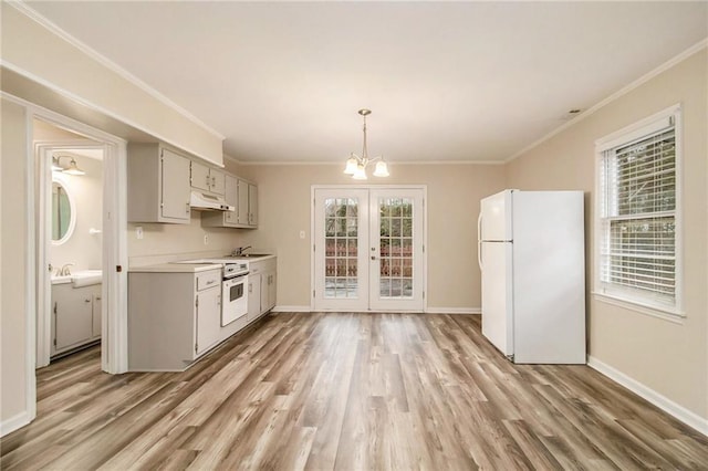 kitchen featuring ornamental molding, white appliances, and a wealth of natural light