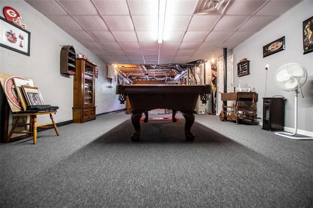 playroom with a paneled ceiling, billiards, and carpet floors