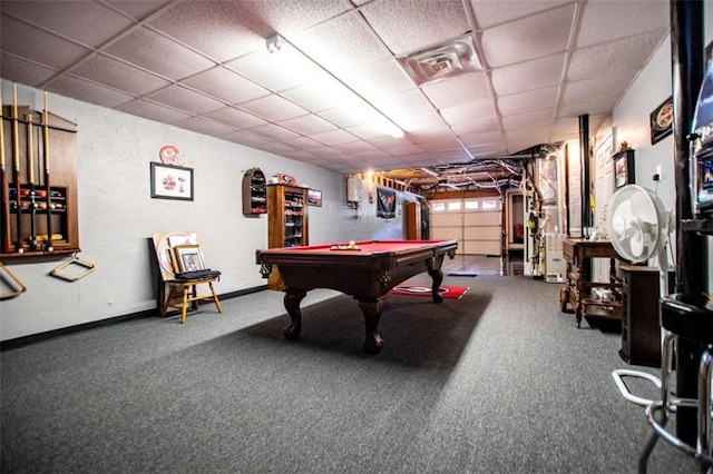 rec room with a drop ceiling, carpet flooring, and pool table