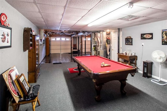 recreation room featuring carpet flooring, a paneled ceiling, and billiards