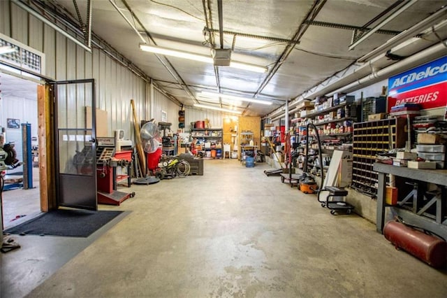 garage with a workshop area