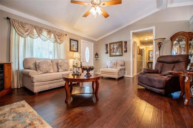 living room with dark hardwood / wood-style floors, ceiling fan, ornamental molding, and lofted ceiling