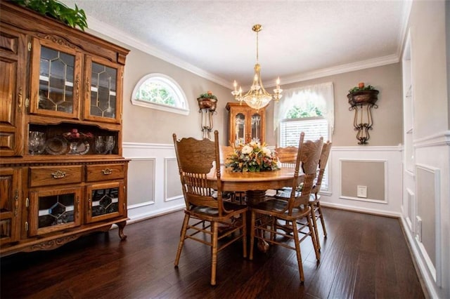 dining room with crown molding, an inviting chandelier, and dark hardwood / wood-style flooring