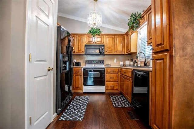 kitchen featuring dark wood-type flooring, ornamental molding, black appliances, sink, and vaulted ceiling