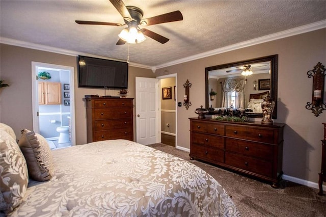 bedroom featuring ceiling fan, crown molding, dark colored carpet, and ensuite bathroom