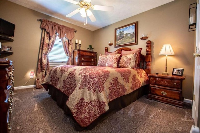 bedroom with ceiling fan and carpet floors