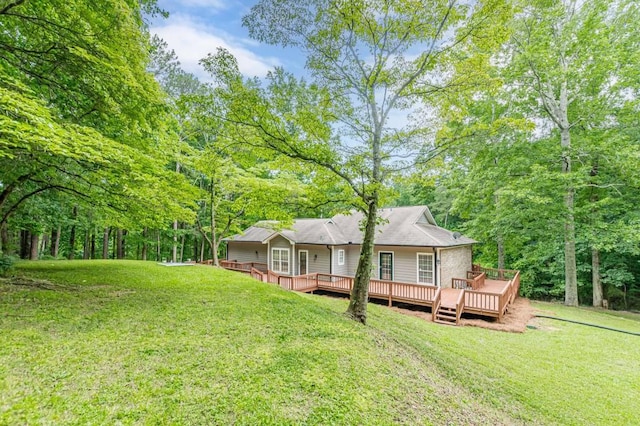 3329 Walt Stephens Rd, Stockbridge, GA 30281 - rear view of property featuring a wooden deck and a lawn