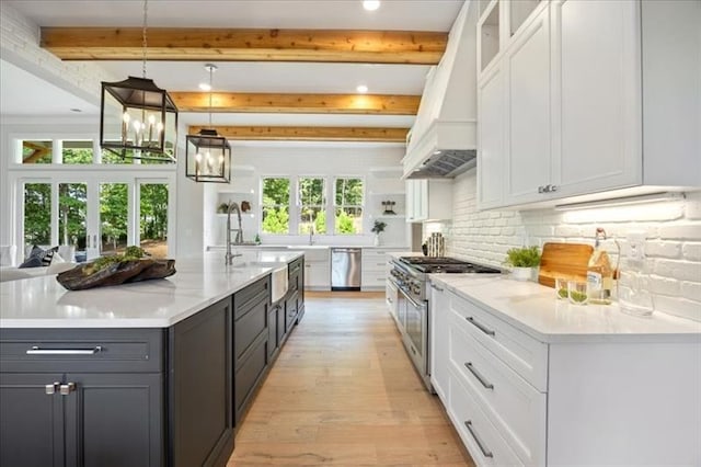 kitchen featuring stainless steel appliances, beamed ceiling, custom exhaust hood, and white cabinetry