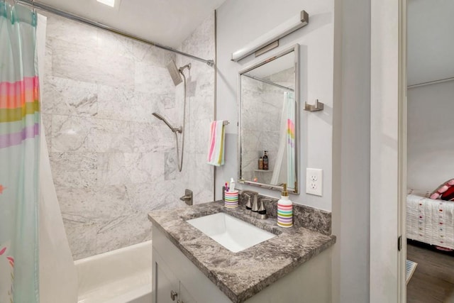 bathroom with vanity and shower / bathtub combination with curtain