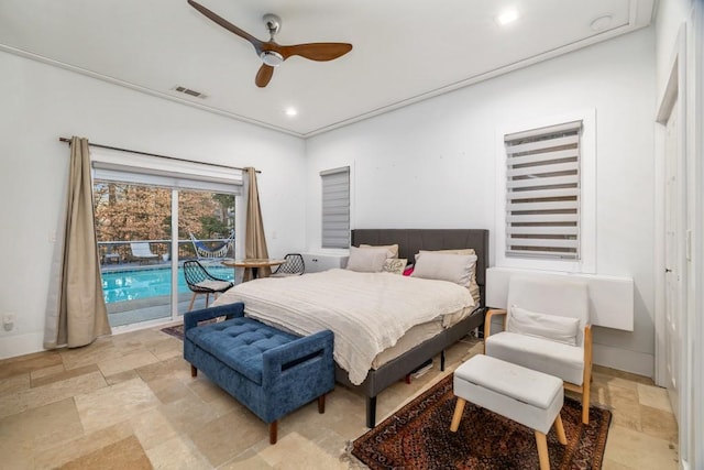 bedroom with access to exterior and ceiling fan