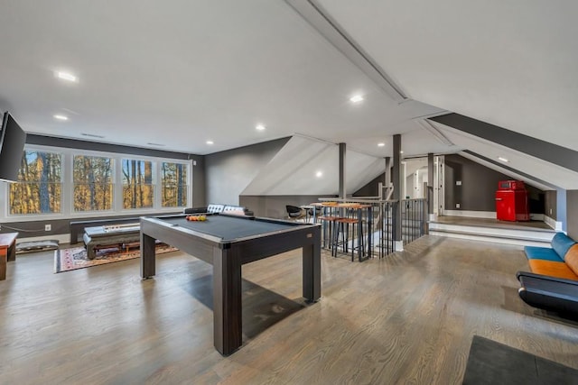 playroom with billiards, vaulted ceiling, and hardwood / wood-style floors