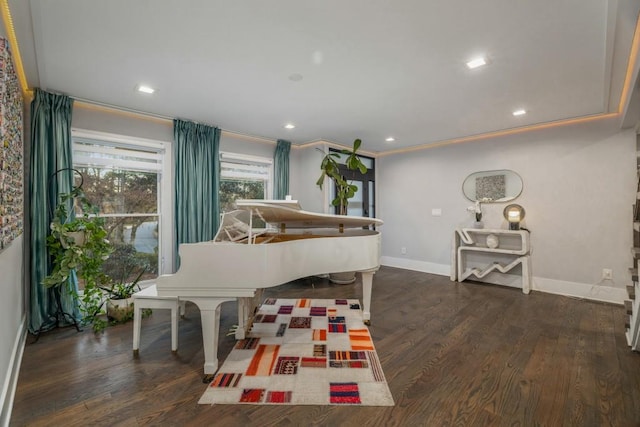 interior space with dark hardwood / wood-style flooring and ornamental molding