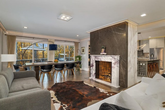 living room featuring ornamental molding and a premium fireplace