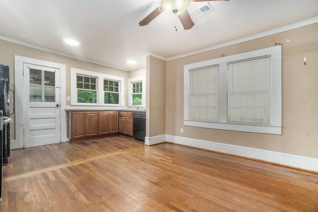 724 Bellemeade Ave NW, Atlanta, GA 30318 - kitchen featuring dishwasher, ornamental molding, a ceiling fan, light wood-style floors, and brown cabinets
