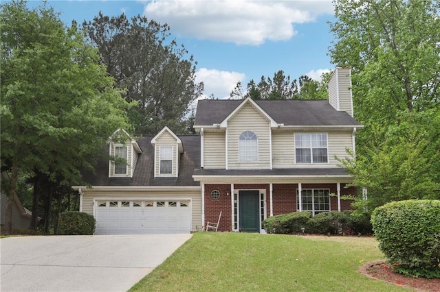 179 Parkside Dr, Stockbridge, GA 30281 - traditional home featuring concrete driveway, a front lawn, a chimney, a garage, and brick siding