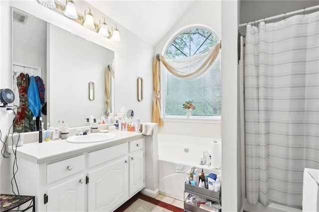 179 Parkside Dr, Stockbridge, GA 30281 - bathroom with vanity, a garden tub, lofted ceiling, and curtained shower