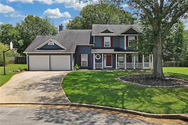 view of front of home featuring a garage, a front lawn, and covered porch