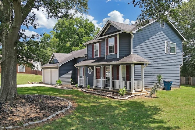 view of front of property featuring a garage, a front lawn, and a porch