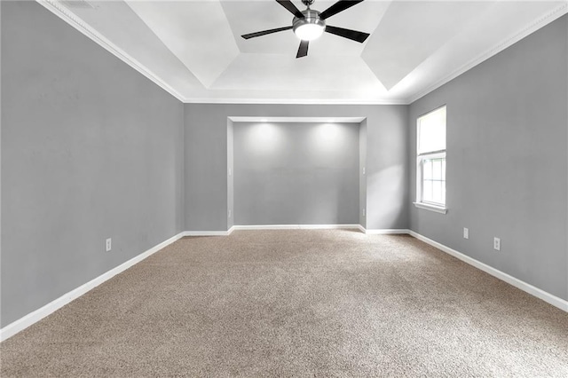 carpeted spare room with ceiling fan and a raised ceiling