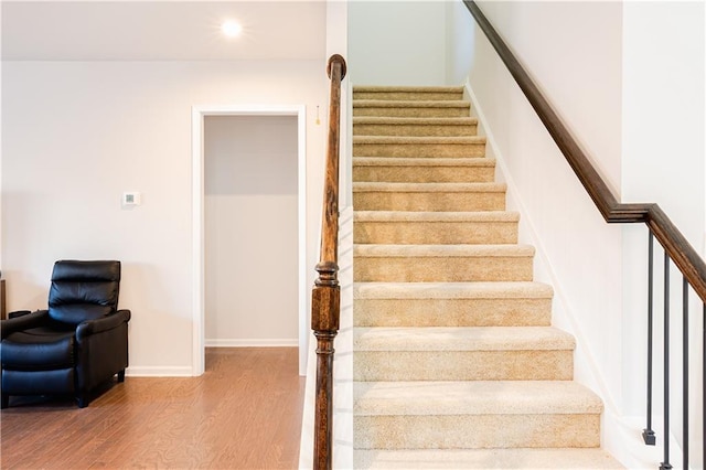 stairway with hardwood / wood-style floors