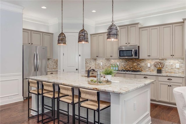 2544 Thompson Rd NE, Brookhaven, GA 30319 - kitchen featuring stainless steel appliances, dark wood-type flooring, a kitchen island with sink, a kitchen breakfast bar, and recessed lighting