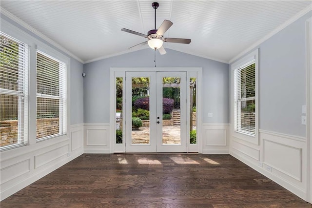 2544 Thompson Rd NE, Brookhaven, GA 30319 - empty room with french doors, dark wood-type flooring, lofted ceiling, a ceiling fan, and wainscoting