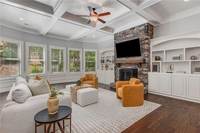 2544 Thompson Rd NE, Brookhaven, GA 30319 - living area featuring coffered ceiling, dark wood finished floors, ceiling fan, a fireplace, and beamed ceiling