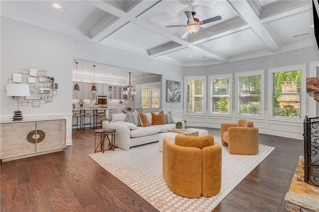 2544 Thompson Rd NE, Brookhaven, GA 30319 - living area with plenty of natural light, a ceiling fan, coffered ceiling, dark wood-type flooring, and beam ceiling