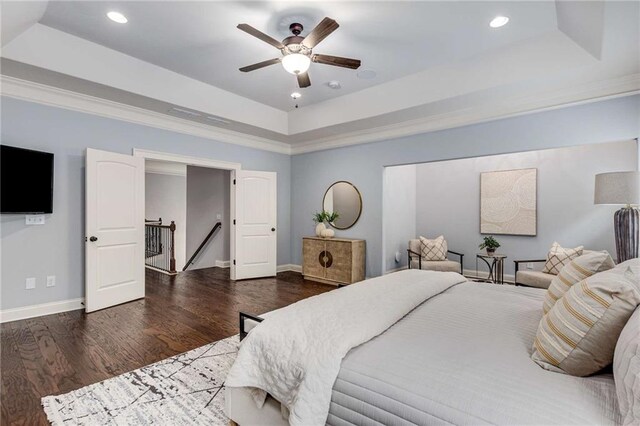2544 Thompson Rd NE, Brookhaven, GA 30319 - bedroom with a tray ceiling, recessed lighting, wood finished floors, a ceiling fan, and crown molding