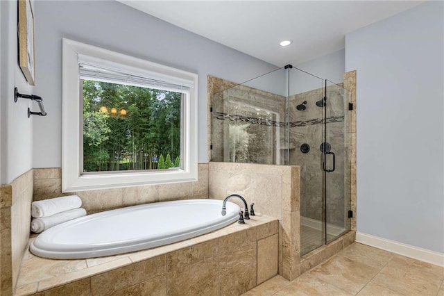 2544 Thompson Rd NE, Brookhaven, GA 30319 - bathroom featuring a garden tub, a stall shower, tile patterned flooring, and recessed lighting