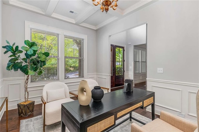2544 Thompson Rd NE, Brookhaven, GA 30319 - office space with a decorative wall, wainscoting, beamed ceiling, coffered ceiling, and wood finished floors