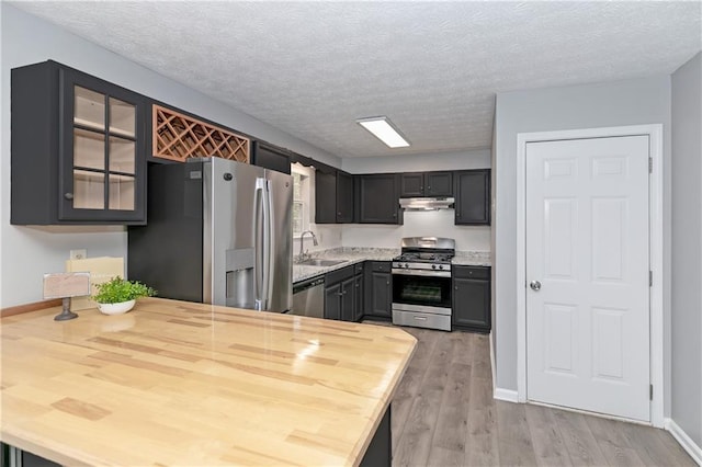 kitchen featuring stainless steel appliances, a textured ceiling, light hardwood / wood-style floors, and sink